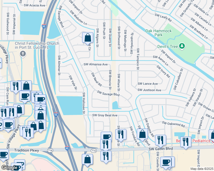 map of restaurants, bars, coffee shops, grocery stores, and more near 2391 Southwest Neal Road in Port St. Lucie
