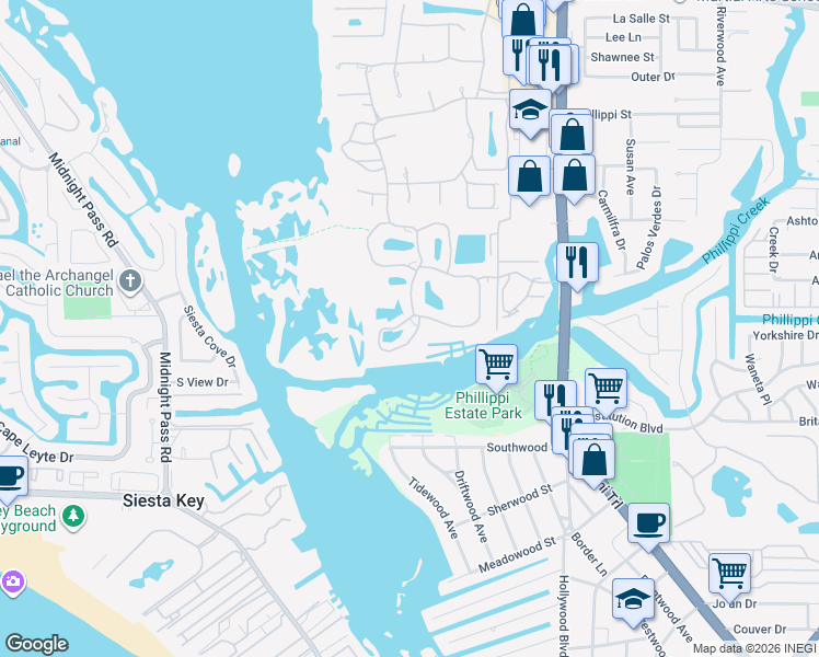 map of restaurants, bars, coffee shops, grocery stores, and more near 1744 Starling Drive in Sarasota