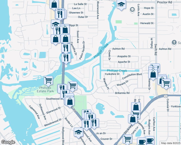 map of restaurants, bars, coffee shops, grocery stores, and more near 5539 America Drive in Sarasota