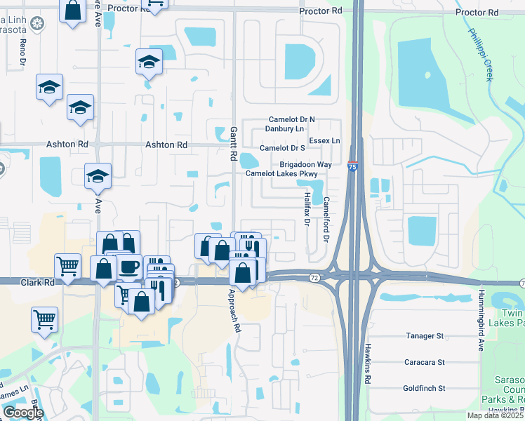 map of restaurants, bars, coffee shops, grocery stores, and more near 5468 Stonehaven Lane in Sarasota