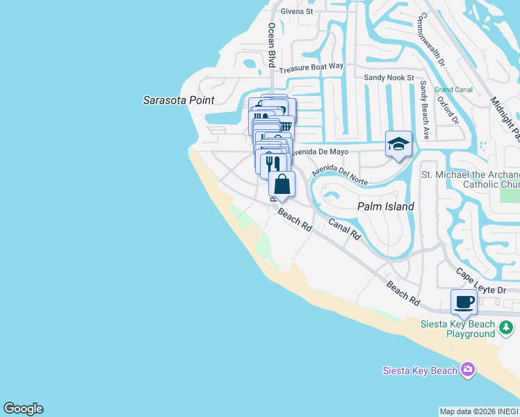 map of restaurants, bars, coffee shops, grocery stores, and more near 5400 Ocean Boulevard in Siesta Key