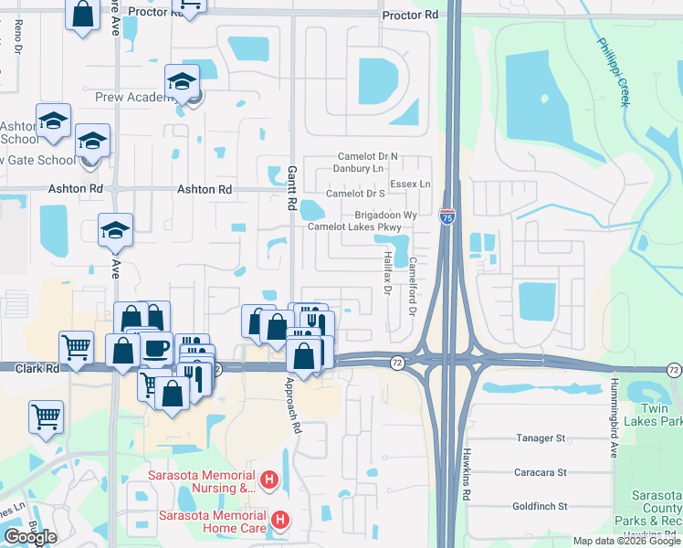 map of restaurants, bars, coffee shops, grocery stores, and more near 5500 Stonehaven Lane in Sarasota
