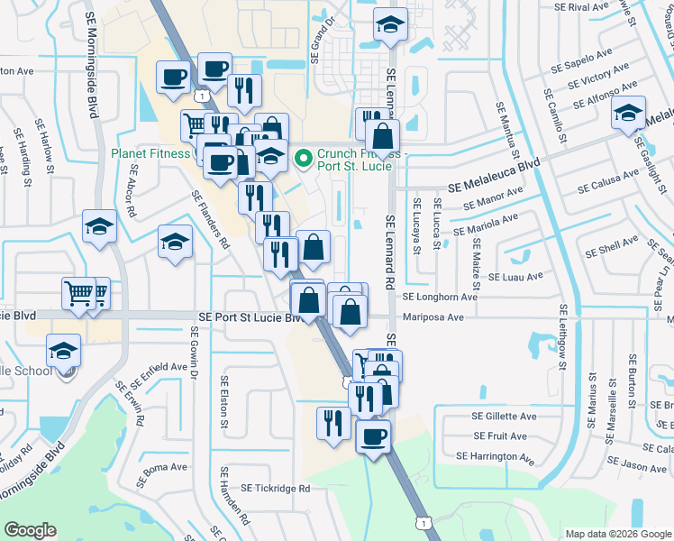 map of restaurants, bars, coffee shops, grocery stores, and more near 3600 Southeast Mariposa Avenue in Port St. Lucie