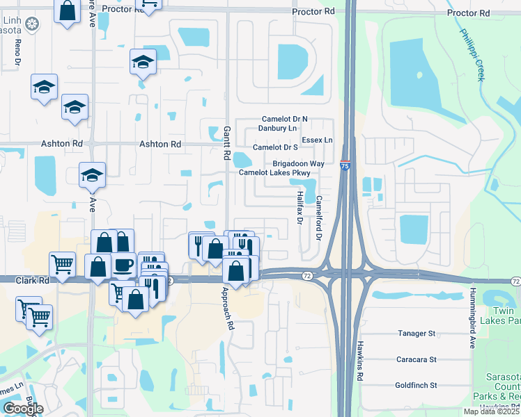 map of restaurants, bars, coffee shops, grocery stores, and more near 5468 Stonehaven Lane in Sarasota