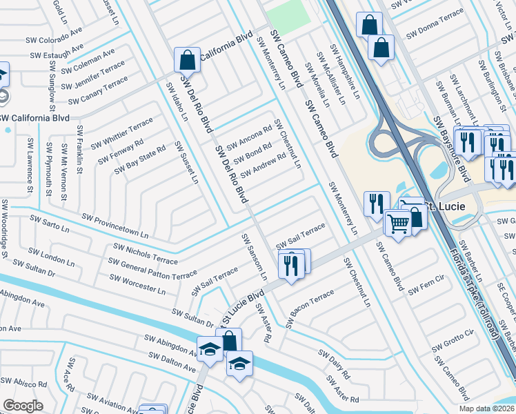 map of restaurants, bars, coffee shops, grocery stores, and more near 678 Southwest Pueblo Terrace in Port St. Lucie