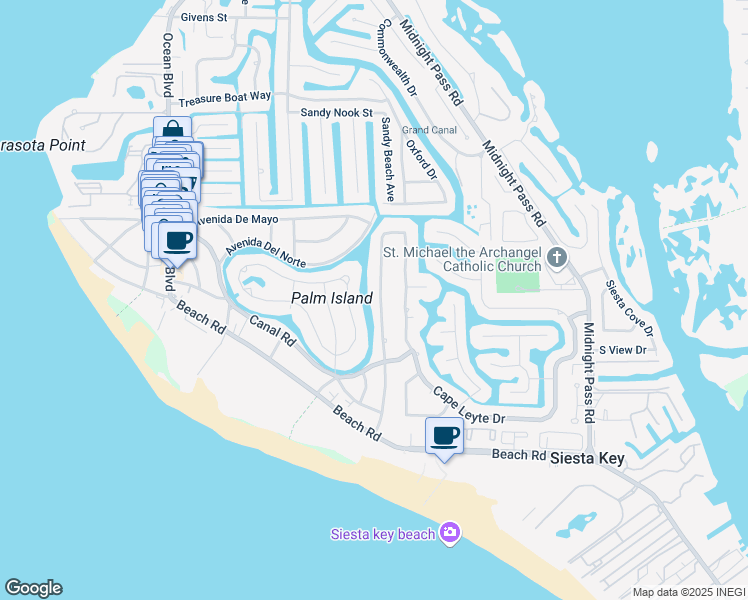 map of restaurants, bars, coffee shops, grocery stores, and more near 5390 Avenida Del Mare in Siesta Key