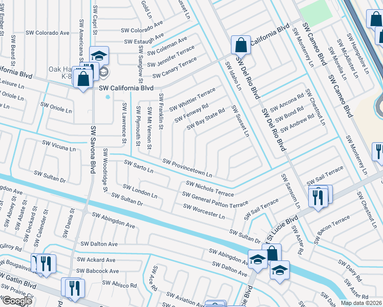 map of restaurants, bars, coffee shops, grocery stores, and more near 1051 Southwest Longfellow Road in Port St. Lucie