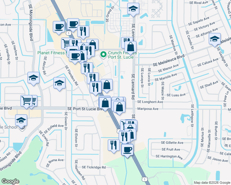map of restaurants, bars, coffee shops, grocery stores, and more near 3600 Southeast Mariposa Avenue in Port St. Lucie