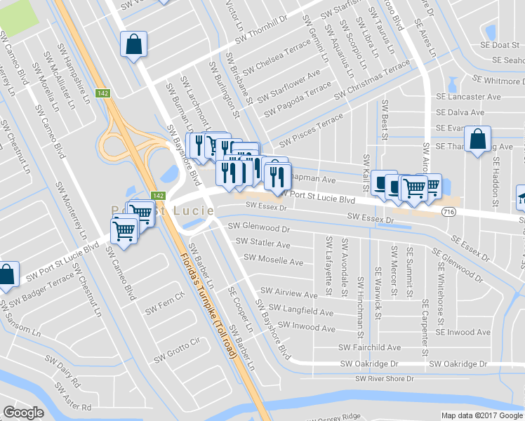 map of restaurants, bars, coffee shops, grocery stores, and more near 230 Southwest Essex Drive in Port St. Lucie