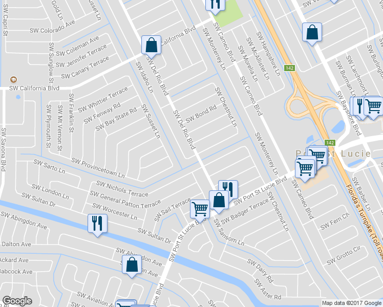 map of restaurants, bars, coffee shops, grocery stores, and more near 802 SW Del Rio Blvd in Port St Lucie