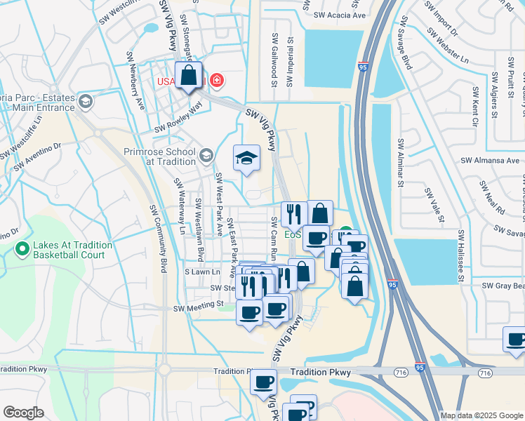 map of restaurants, bars, coffee shops, grocery stores, and more near 10515 Southwest Cam Run in Port St. Lucie