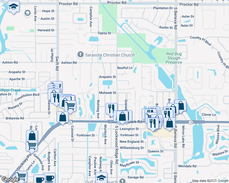 map of restaurants, bars, coffee shops, grocery stores, and more near 5531 Olive Avenue in Sarasota