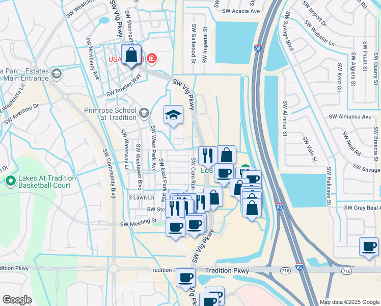 map of restaurants, bars, coffee shops, grocery stores, and more near 10515 Southwest Cam Run in Port St. Lucie