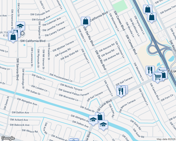 map of restaurants, bars, coffee shops, grocery stores, and more near 814 Southwest Andrew Road in Port St. Lucie