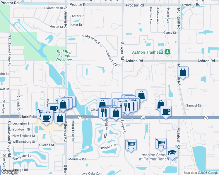 map of restaurants, bars, coffee shops, grocery stores, and more near 3955 Country View Drive in Sarasota