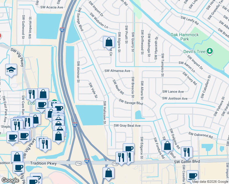 map of restaurants, bars, coffee shops, grocery stores, and more near 2354 Southwest Neal Road in Port St. Lucie