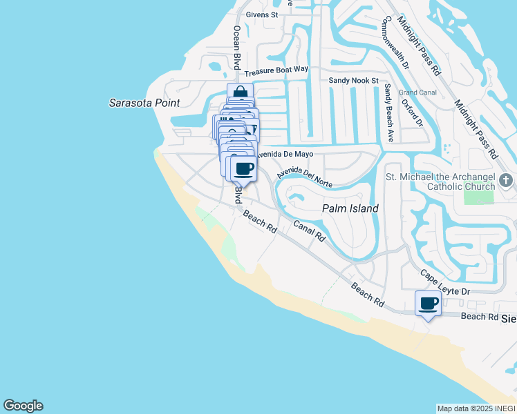 map of restaurants, bars, coffee shops, grocery stores, and more near 300 Calle Miramar in Siesta Key