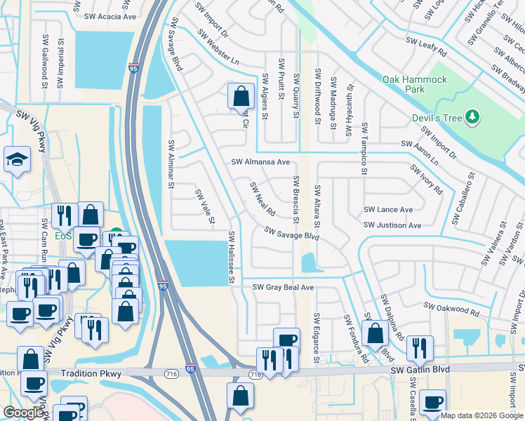 map of restaurants, bars, coffee shops, grocery stores, and more near 2354 Southwest Neal Road in Port St. Lucie