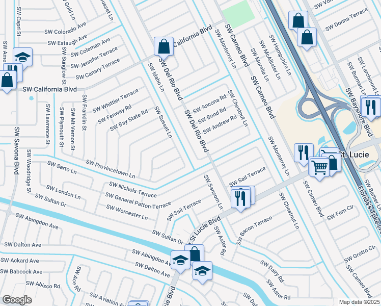 map of restaurants, bars, coffee shops, grocery stores, and more near 2186 Southwest Idaho Lane in Port St. Lucie