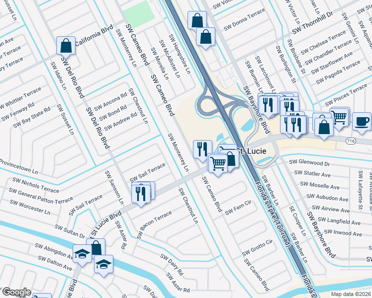 map of restaurants, bars, coffee shops, grocery stores, and more near 2310 Southwest Cameo Boulevard in Port St. Lucie
