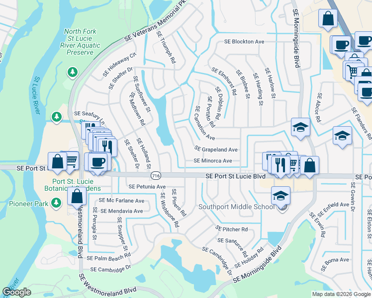 map of restaurants, bars, coffee shops, grocery stores, and more near 2281 Southeast Shipping Road in Port St. Lucie