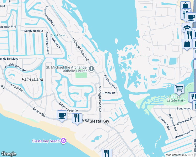 map of restaurants, bars, coffee shops, grocery stores, and more near 1033 Shadow Lawn Way in Siesta Key