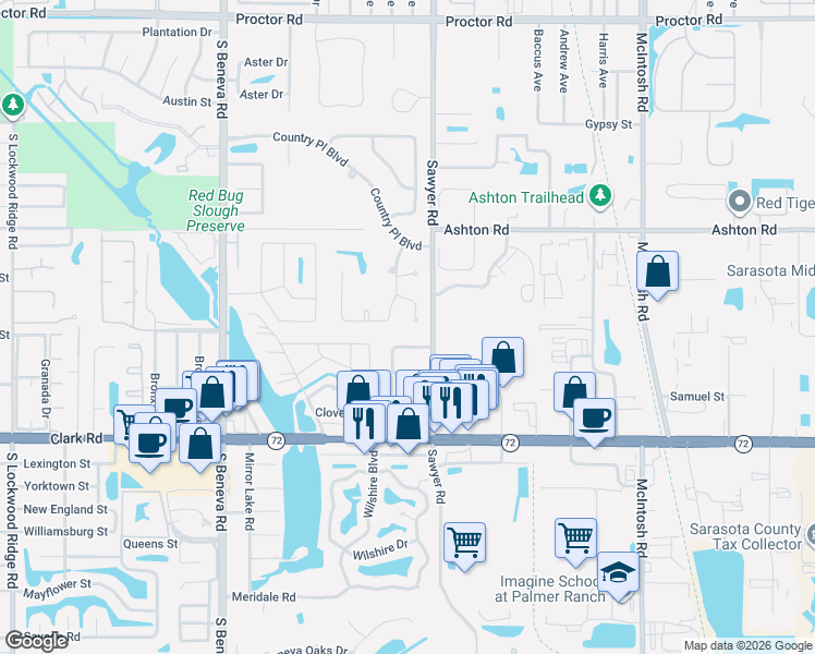 map of restaurants, bars, coffee shops, grocery stores, and more near 3955 Country View Drive in Sarasota