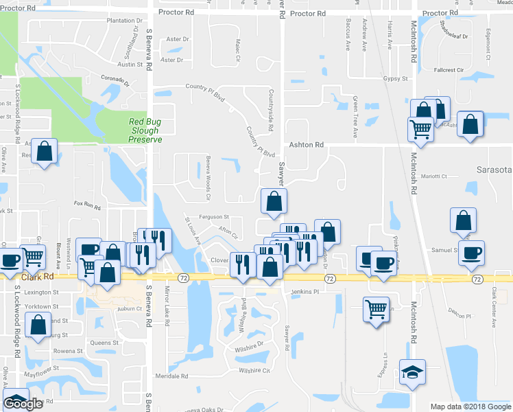 map of restaurants, bars, coffee shops, grocery stores, and more near 3955 Country View Drive in Sarasota