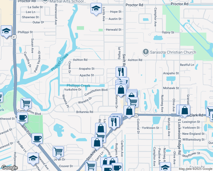 map of restaurants, bars, coffee shops, grocery stores, and more near 2710 Riverbluff Circle in Sarasota