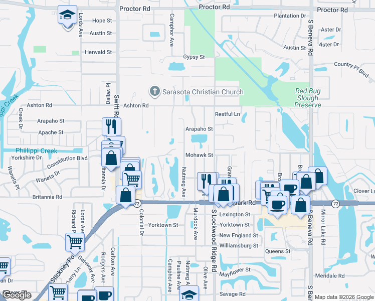 map of restaurants, bars, coffee shops, grocery stores, and more near 5533 Murdock Avenue in Sarasota