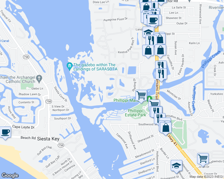 map of restaurants, bars, coffee shops, grocery stores, and more near 5400 Eagles Point Circle in Sarasota