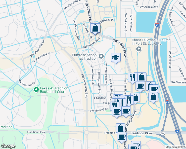 map of restaurants, bars, coffee shops, grocery stores, and more near Southwest Waterway Lane & Southwest Academic Way in Port Saint Lucie