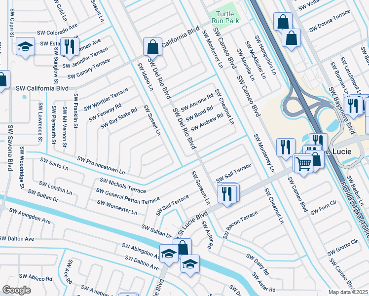 map of restaurants, bars, coffee shops, grocery stores, and more near 802 Southwest Del Rio Boulevard in Port St. Lucie