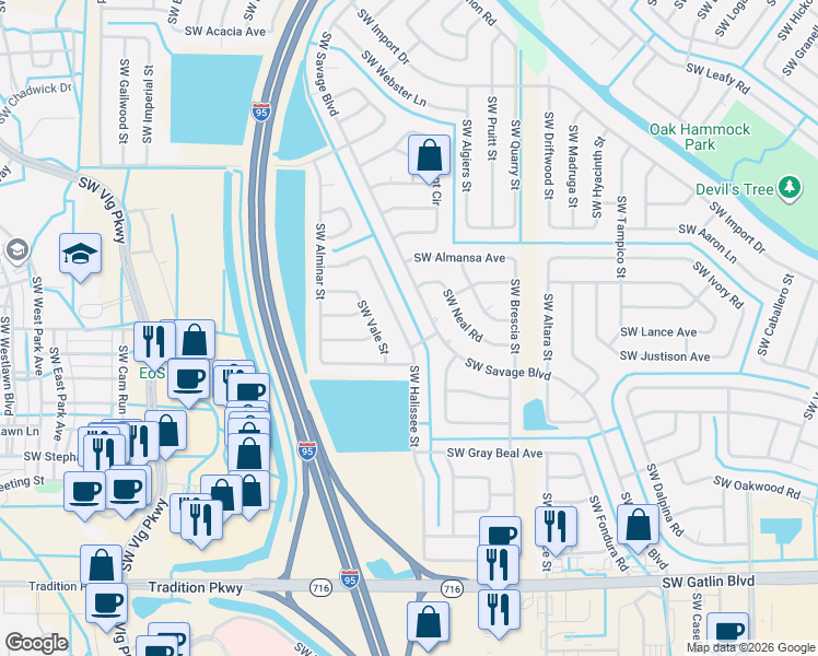 map of restaurants, bars, coffee shops, grocery stores, and more near 2266 Southwest Savage Boulevard in Port St. Lucie