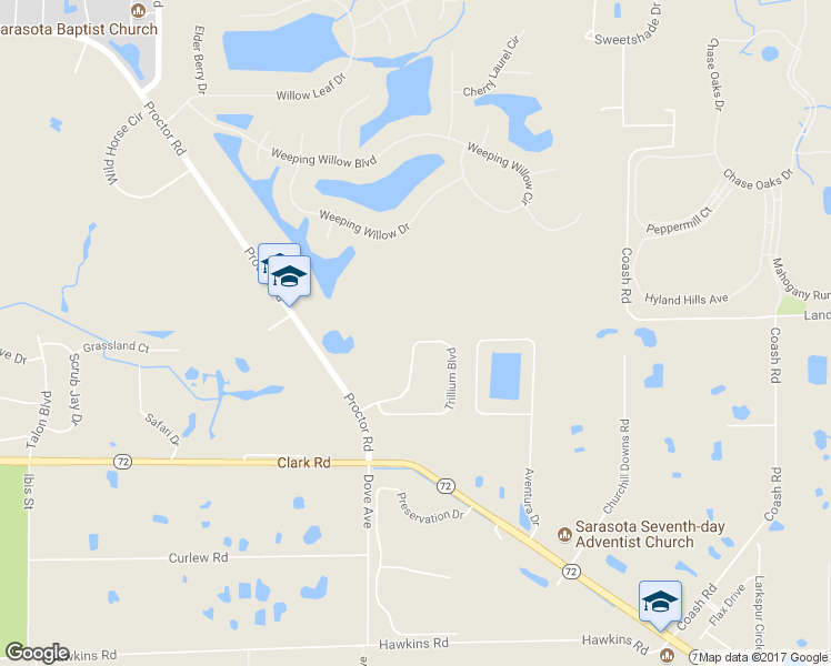 map of restaurants, bars, coffee shops, grocery stores, and more near 7550 Trillium Boulevard in Sarasota