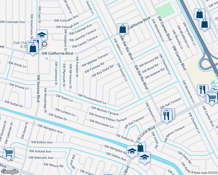 map of restaurants, bars, coffee shops, grocery stores, and more near 899 Southwest Harvard Road in Port St. Lucie