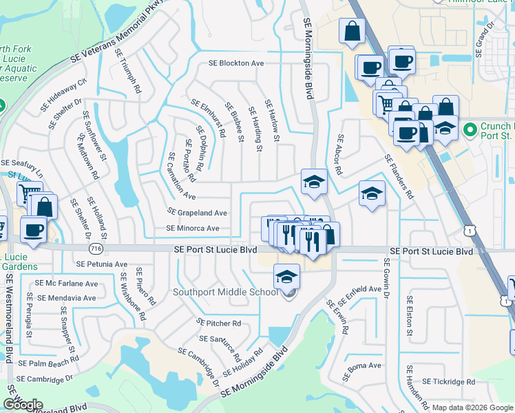 map of restaurants, bars, coffee shops, grocery stores, and more near 1614 Southeast Goucho Avenue in Port St. Lucie