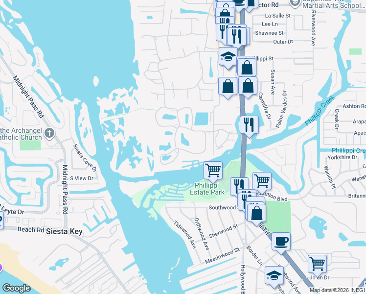 map of restaurants, bars, coffee shops, grocery stores, and more near 1744 Starling Drive in Sarasota