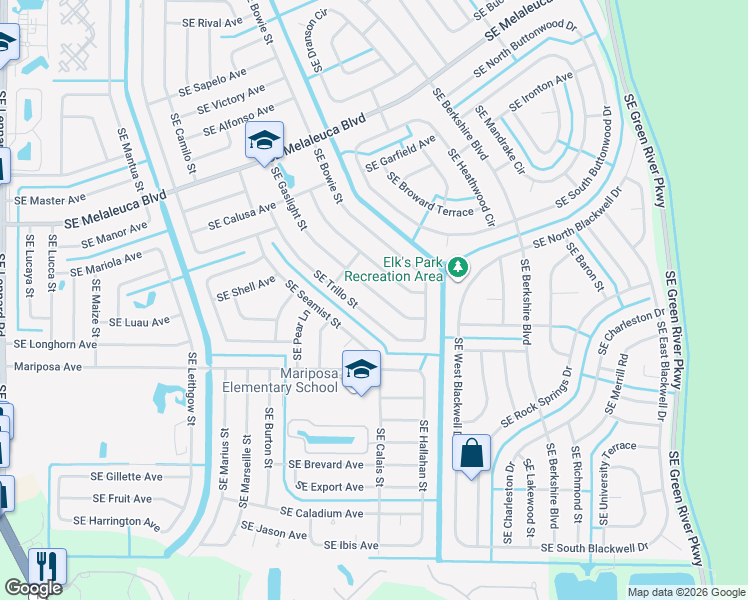 map of restaurants, bars, coffee shops, grocery stores, and more near 2238 Southeast Gaslight Street in Port St. Lucie