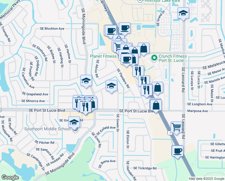 map of restaurants, bars, coffee shops, grocery stores, and more near 2300 Southeast Gowin Drive in Port St. Lucie