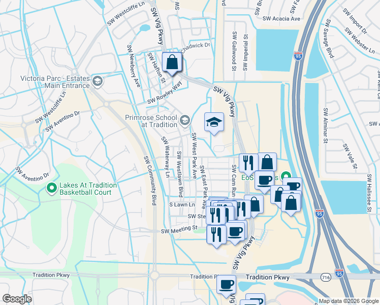 map of restaurants, bars, coffee shops, grocery stores, and more near 10487 Southwest West Park Avenue in Port St. Lucie