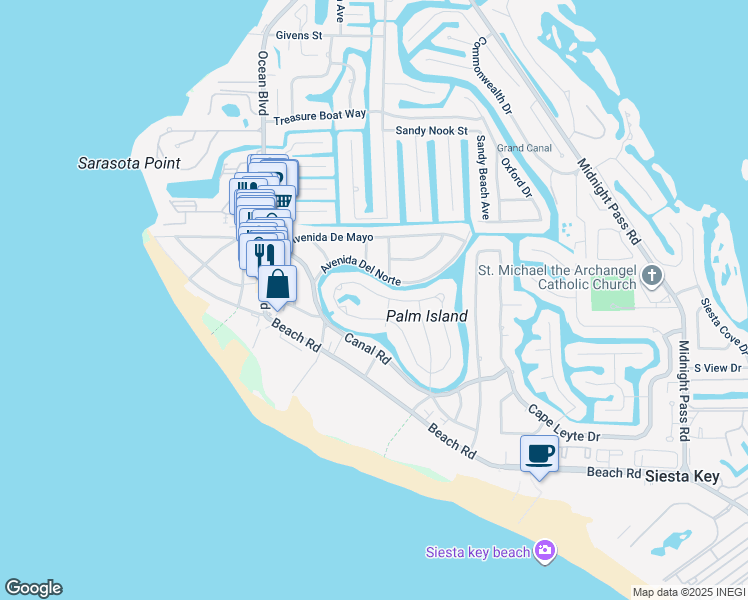 map of restaurants, bars, coffee shops, grocery stores, and more near 215 Island Circle in Siesta Key
