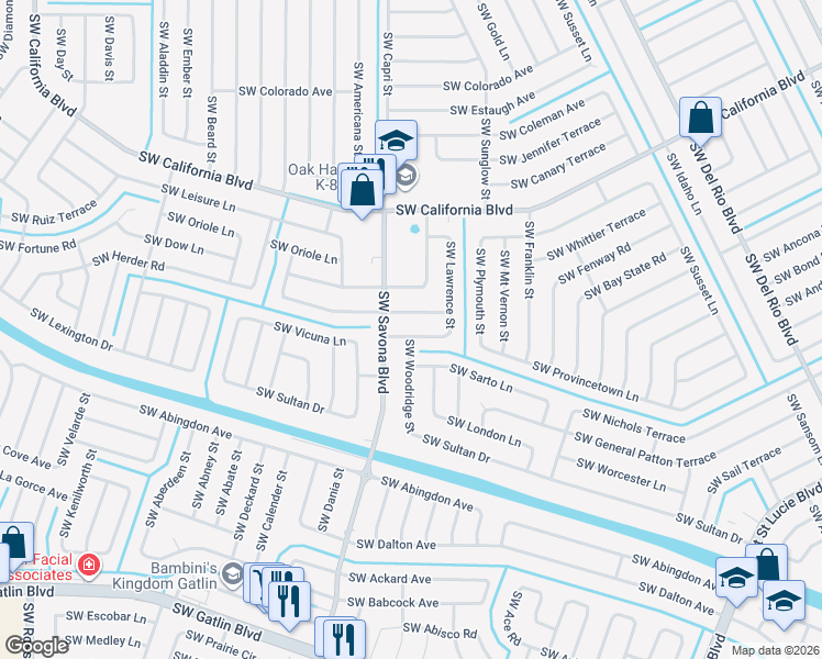 map of restaurants, bars, coffee shops, grocery stores, and more near 1261 Southwest Fountain Avenue in Port St. Lucie