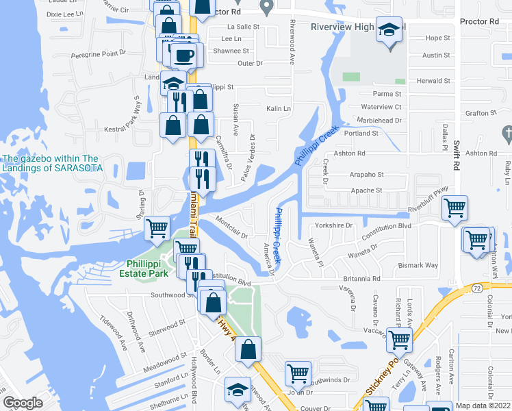 map of restaurants, bars, coffee shops, grocery stores, and more near 5305 Montclair Place in Sarasota