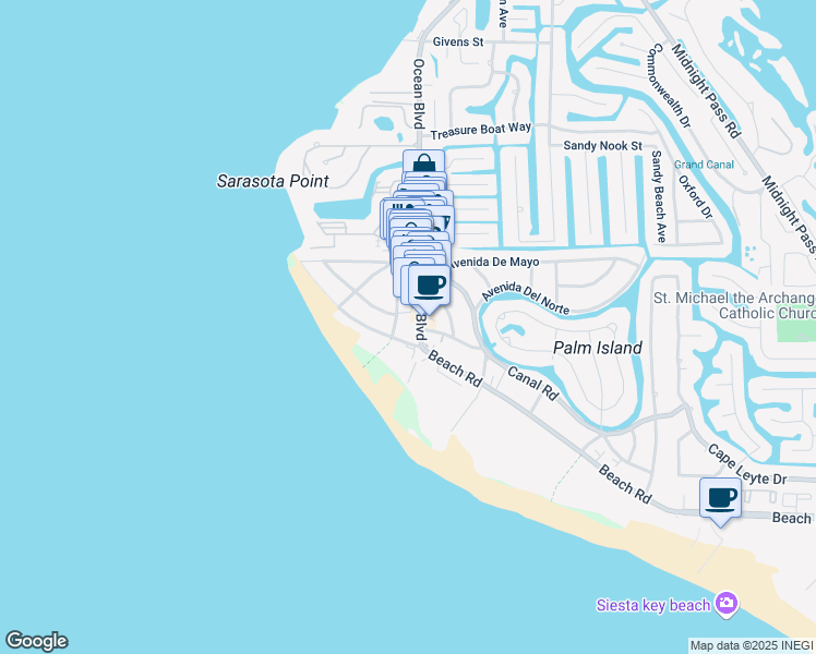 map of restaurants, bars, coffee shops, grocery stores, and more near 5246 Ocean Boulevard in Siesta Key