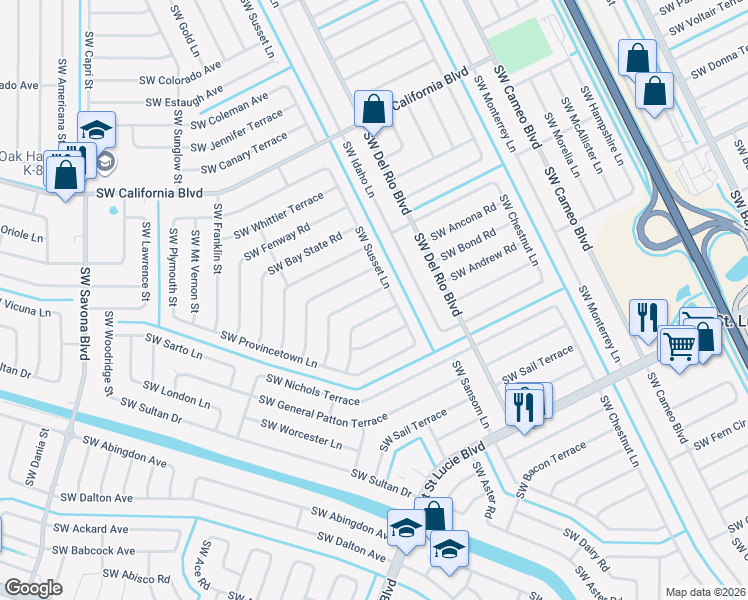 map of restaurants, bars, coffee shops, grocery stores, and more near 801 Southwest Harvard Road in Port St. Lucie