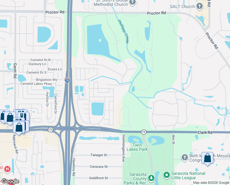 map of restaurants, bars, coffee shops, grocery stores, and more near 6481 Wakefield Lane in Sarasota