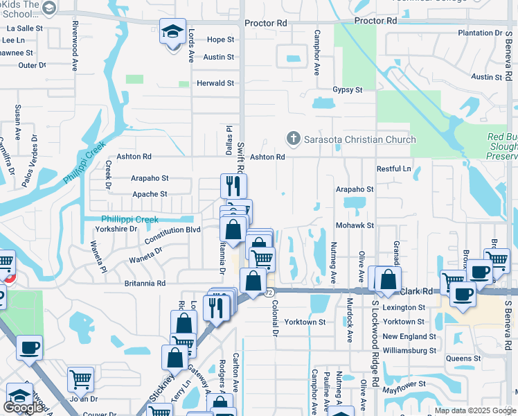 map of restaurants, bars, coffee shops, grocery stores, and more near 5501 Swift Road in Sarasota