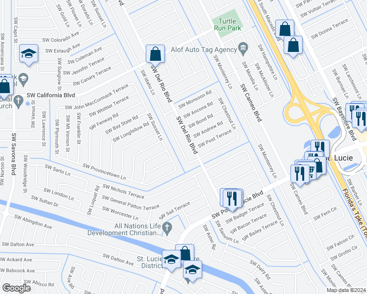 map of restaurants, bars, coffee shops, grocery stores, and more near 2173 Southwest Idaho Lane in Port St. Lucie
