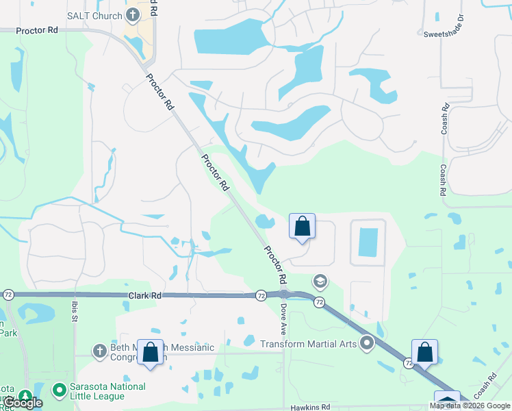 map of restaurants, bars, coffee shops, grocery stores, and more near 7321 Proctor Road in Sarasota